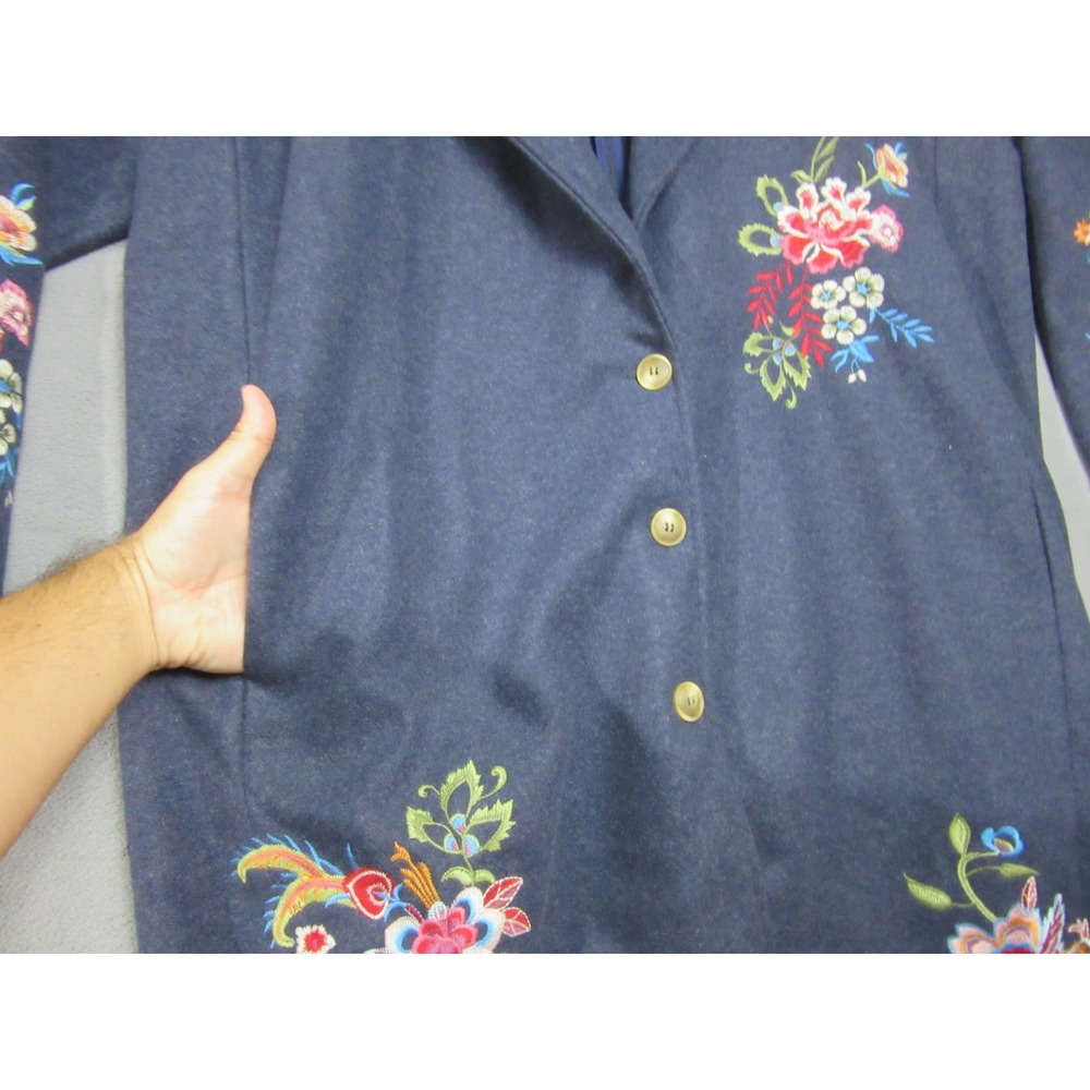 Trench Coat Jacket Women XL Blue Floral Vibrant Embroidered Longline Blazer - Picture 8 of 15